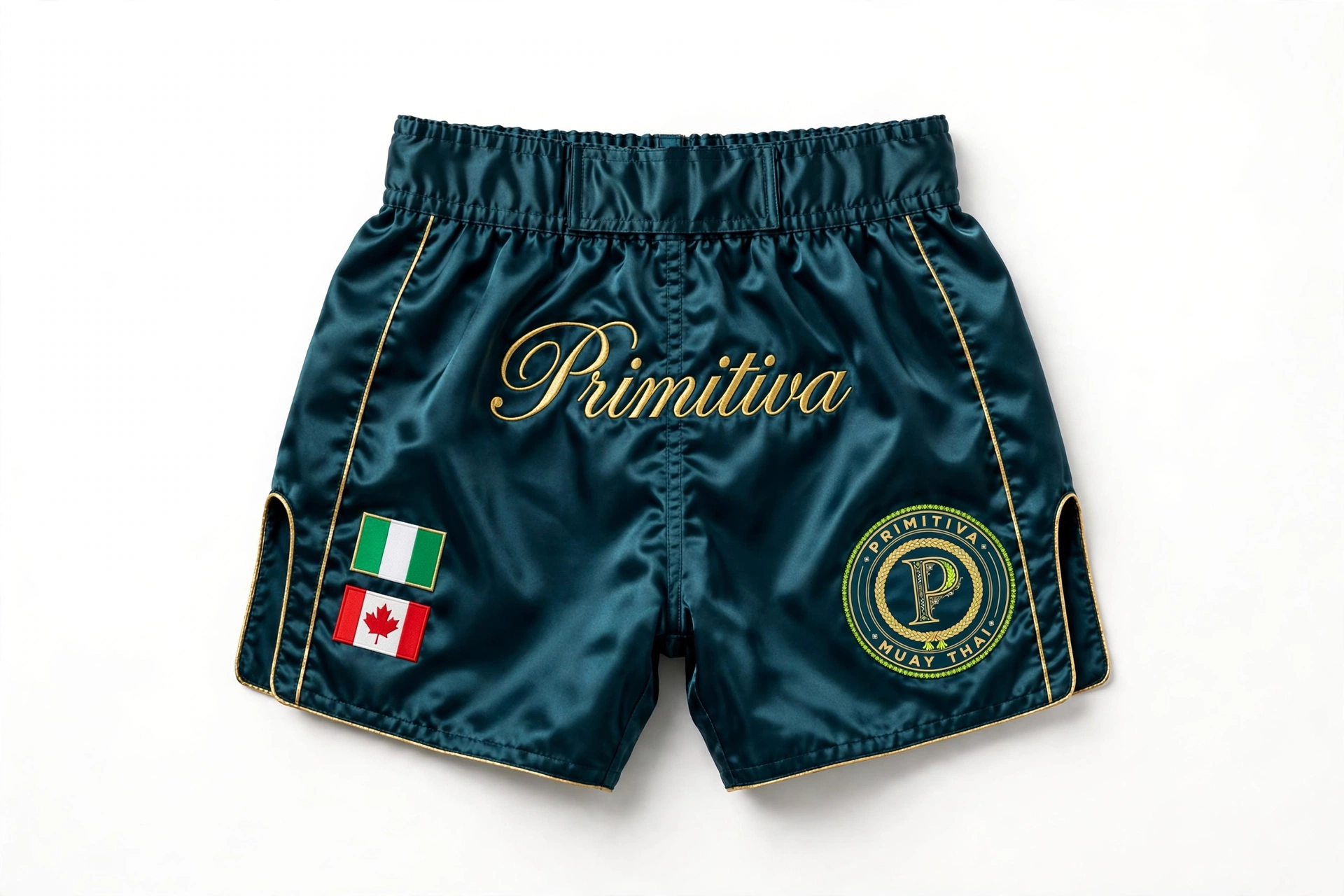 Primitiva fight shorts in teal and gold with Nigeria and Canada flags and waistband script