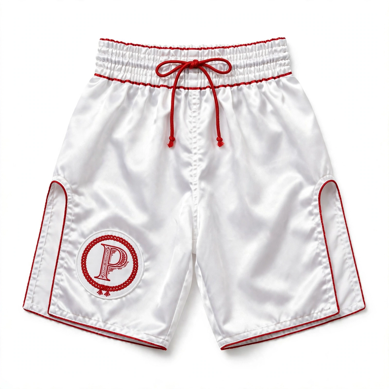 Primitiva fight shorts in white and red with embroidered P-monogram on the leg