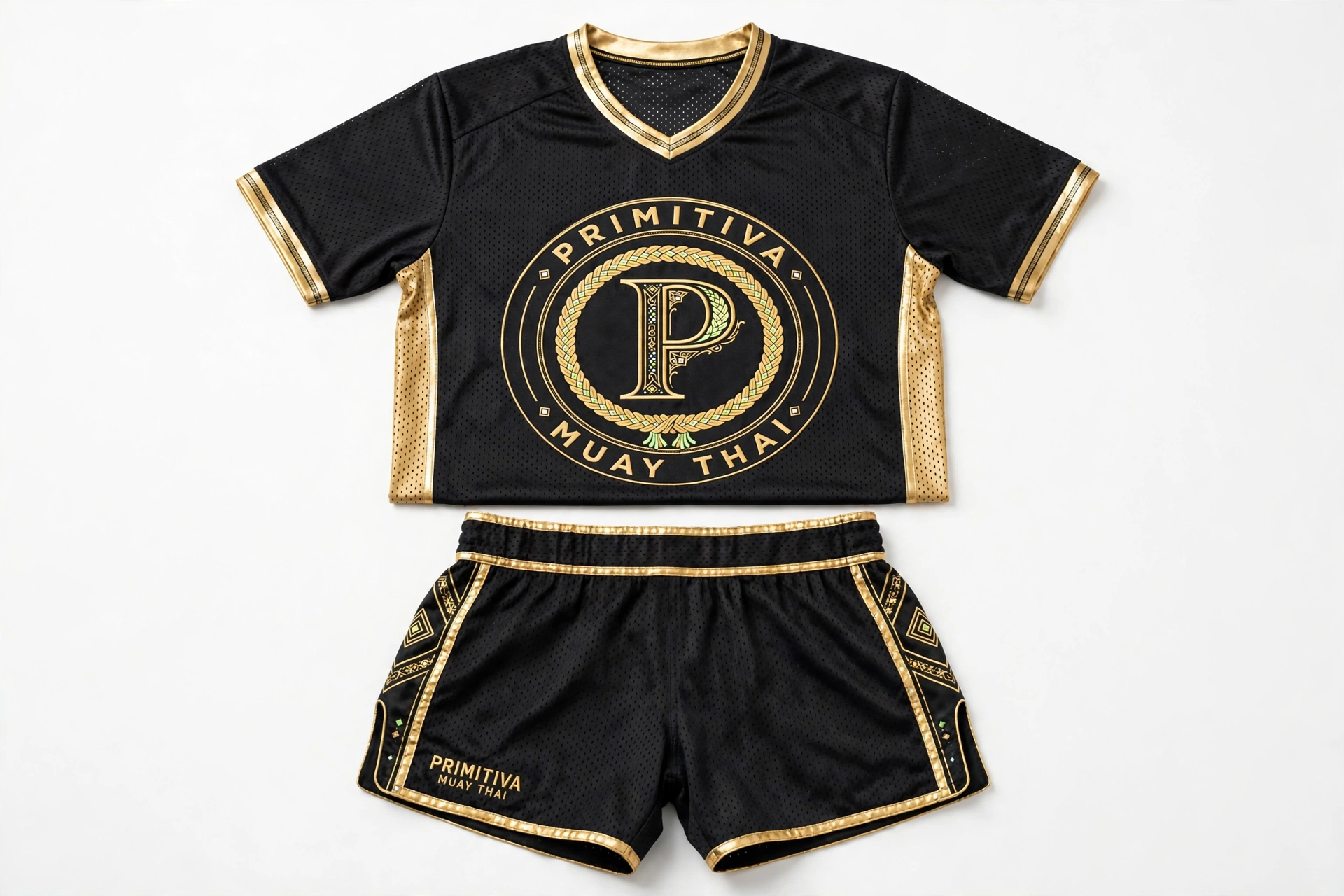 Primitiva black and gold mesh jersey set with matching shorts and large emblem