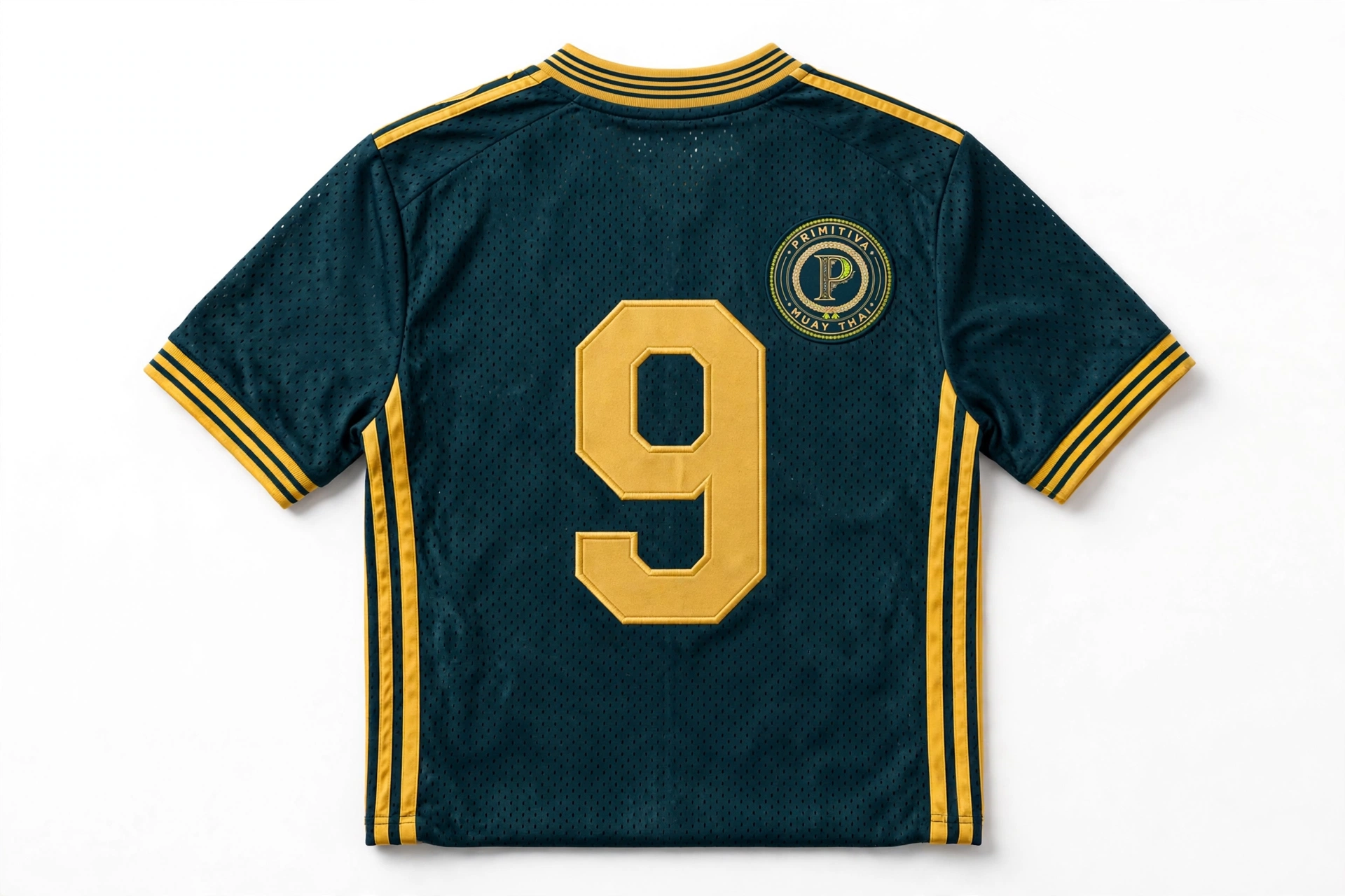 Back view of the Primitiva teal jersey with gold numeral 9 and small emblem
