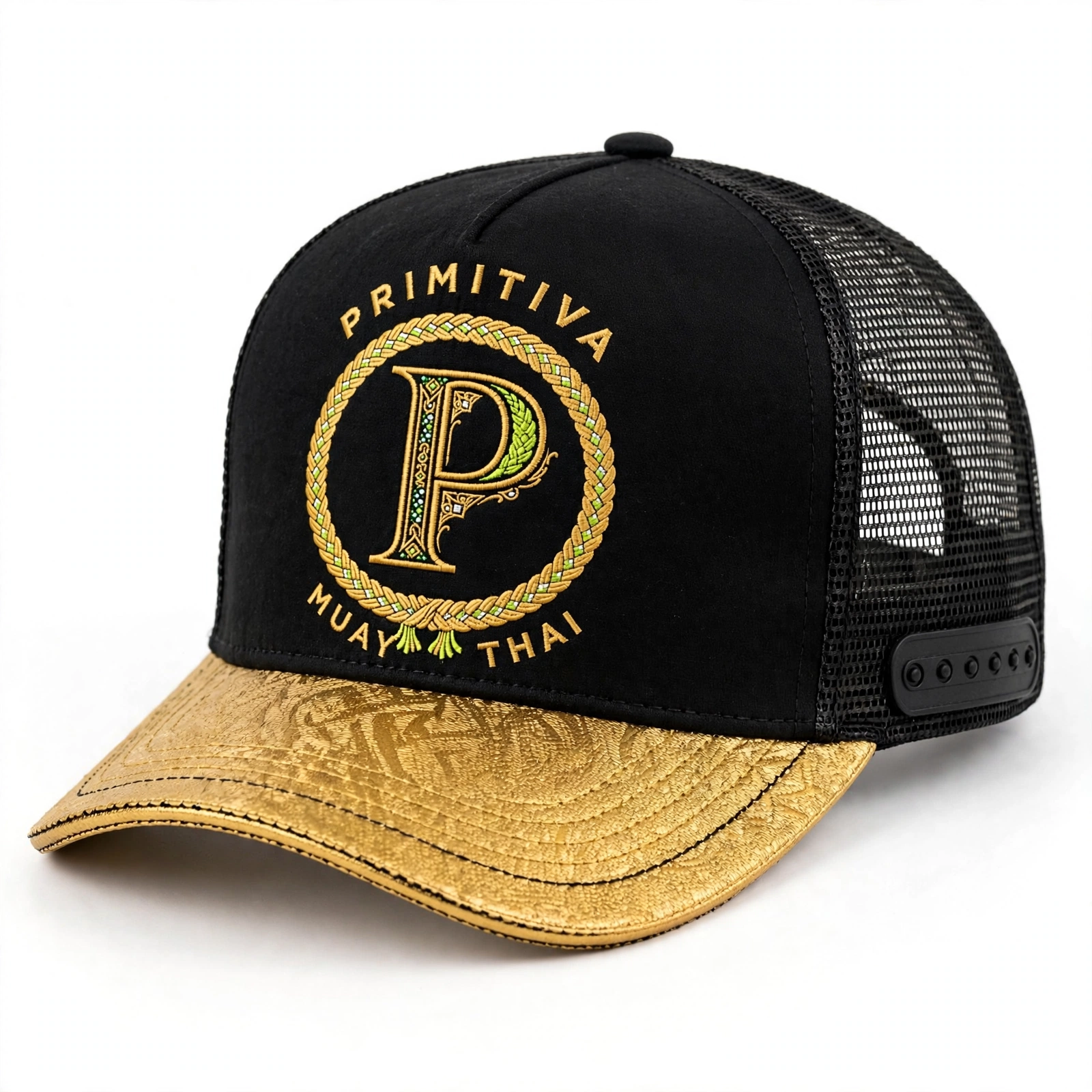 Primitiva black trucker hat with embroidered emblem and gold brim